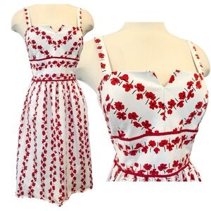 Vintage R&K Originals Red Poppy Flower White Fit and Flare Party Dress 12 L